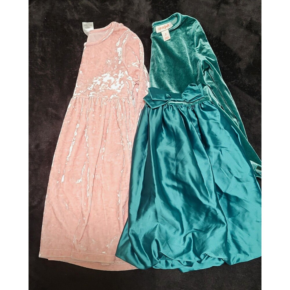 Cat & Jack Girls Fit & Flare Dress Size 5T PinkGreen Velvet Long Sleeve Holiday